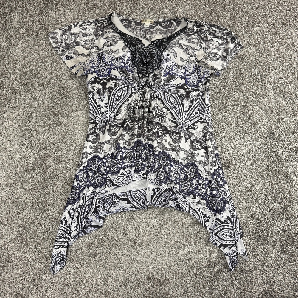 Boho Paisley Lace Shirt Womens Large Black White Blue Fairy Grunge World Unity‎
